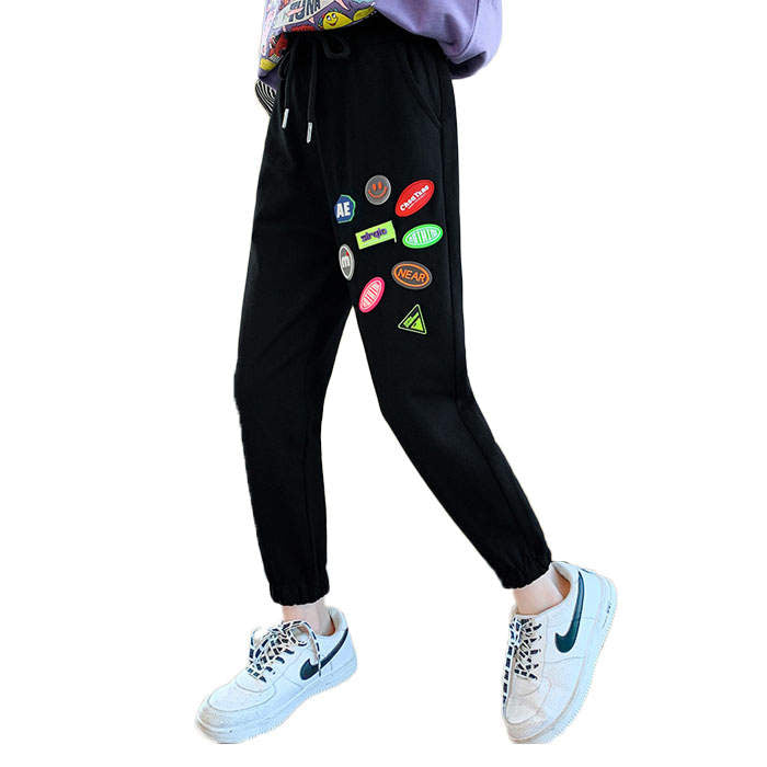 Girls Joggers Long Pants Pockets Outdoor Casual Trousers with Drawstring Icon-Black