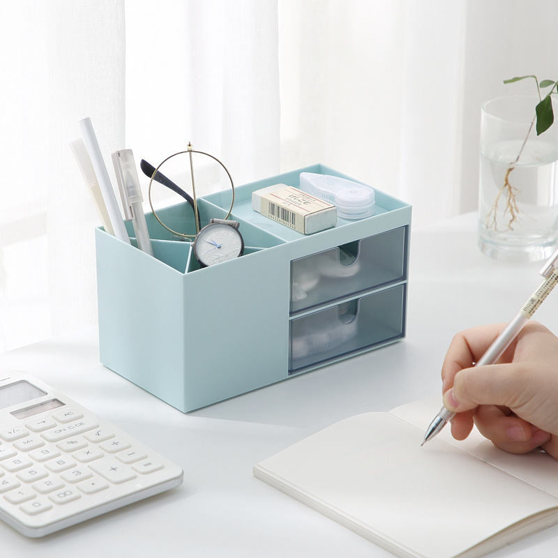 Plastic Cosmetic Storage Box Office Desk Multi-Functional Organizer -Blue