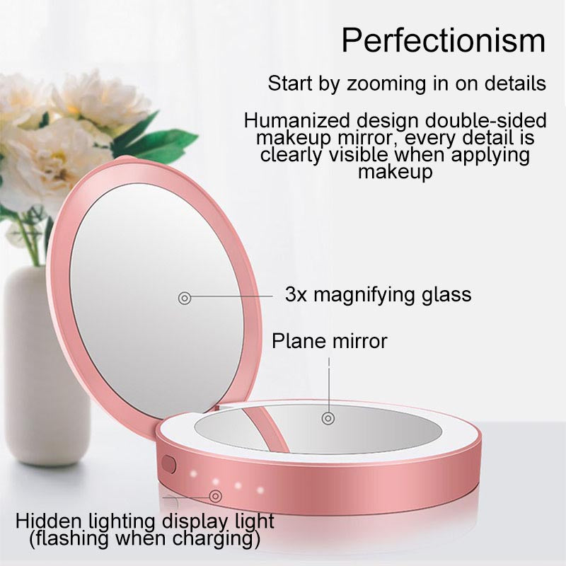 Lighted Mini Travel Makeup Mirror 1X/3X Magnification Rechargeable-Red