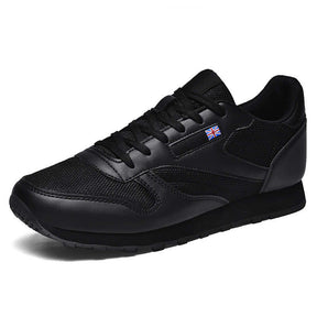 Couples Leather and Mesh Sneakers Lace up Lightweight Cushioned Sport Shoes-Black
