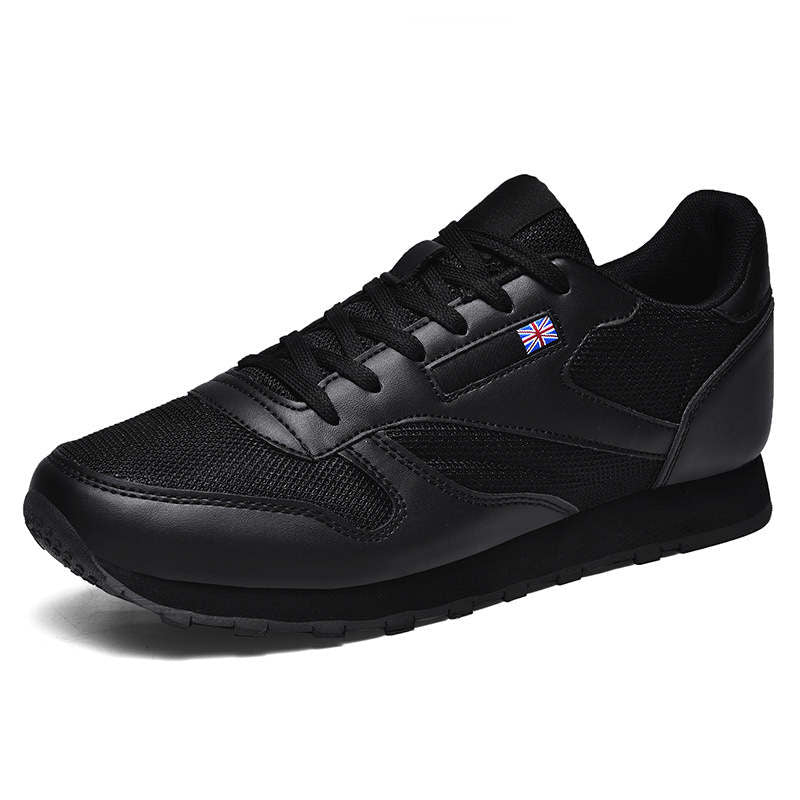 Couples Leather and Mesh Sneakers Lace up Lightweight Cushioned Sport Shoes-Black