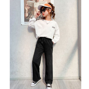 Girls Joggers Long Pants Pockets Outdoor Casual Wide Leg Pants with Drawstring Knitting-Black