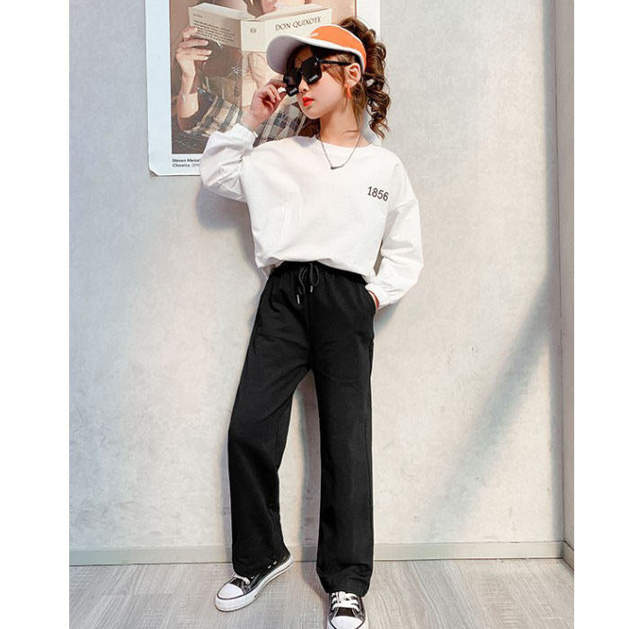 Girls Joggers Long Pants Pockets Outdoor Casual Wide Leg Pants with Drawstring Knitting-Black