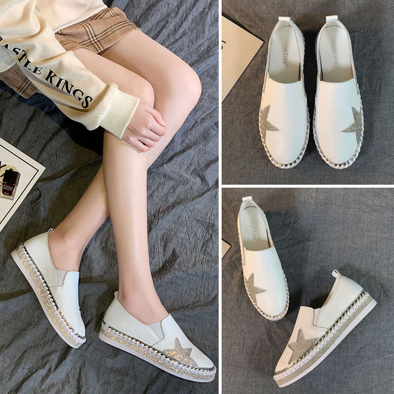 Women Genuine Leather Loafers Low Top Slip On Sneakers-White