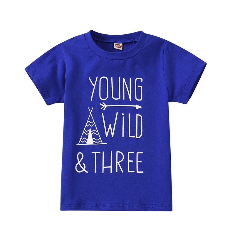 Children Young Wild Letter Print T-Shirts Fashion Short Sleeved-DarkBlue