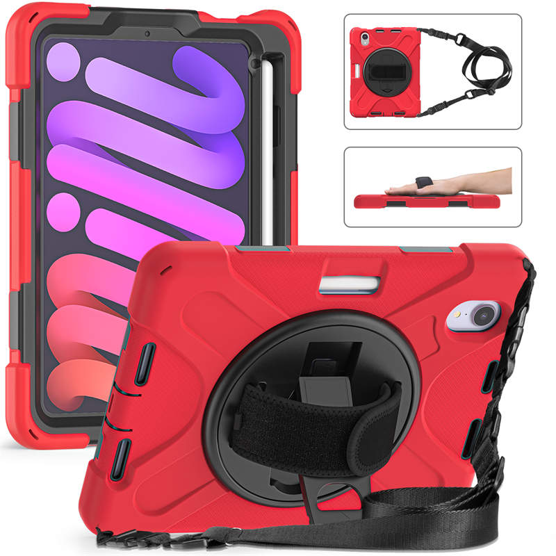 iPad Shockproof Case For iPad Mini 6 With Pencil Holder Kickstand/Shoulder Strap-Red