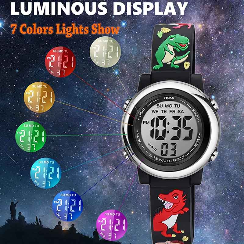 Kids Watchs 3D Cartoon Dinosaur Pattern Waterproof Silicone 7 Color Lights Watch-Black