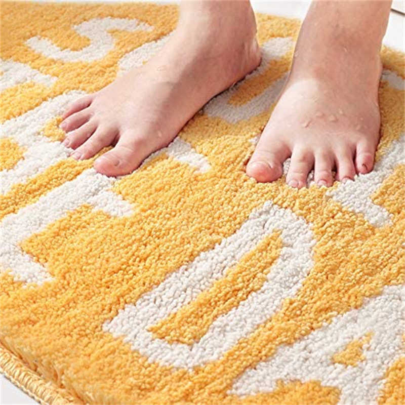 Bath Rug Lemon Shape with White Words Cartoon Plush Water Absorbent Bathroom Decor Non Slip Washable Rug