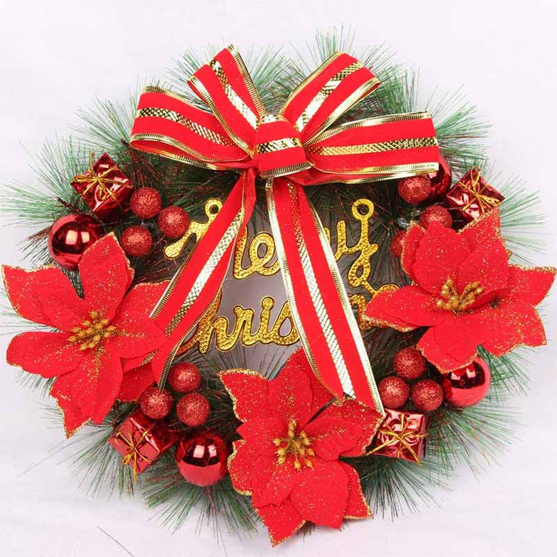 Artificial Pine Wreath with Merry Christmas Sign Ornaments for Door Wall Window Party Decor-Red