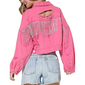 Womens Denim Jacket with Fringe Rhinestones Crop Casual Coat-RoseRed