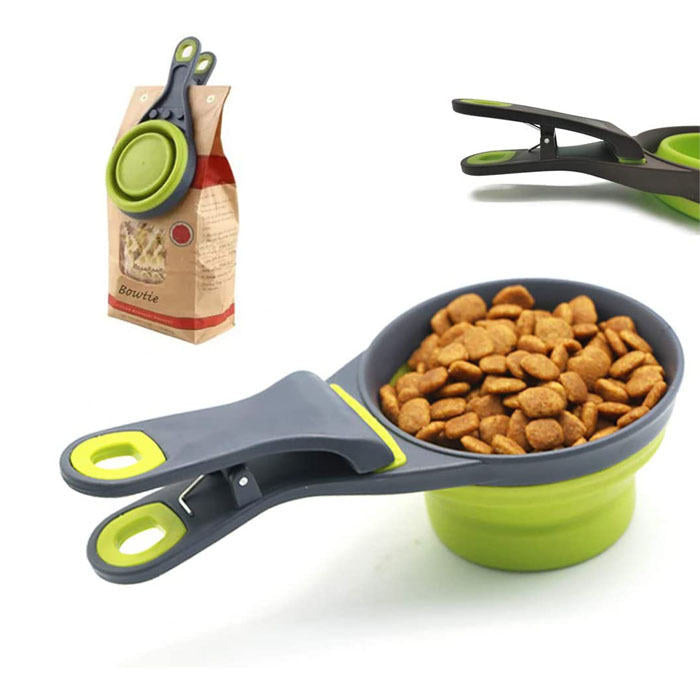 3Pcs Pet 3 in 1 Clip Scoop with Collapsible Silicone Measuring Cup-Green