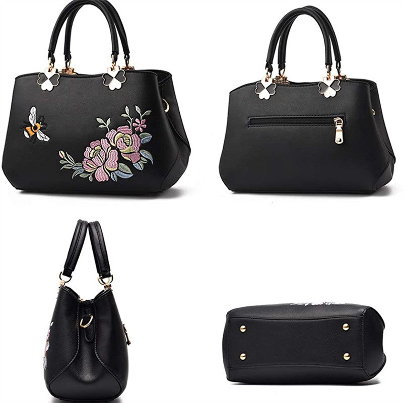 Women Satchel Bags Crossbody Embroidery Handbags-Black