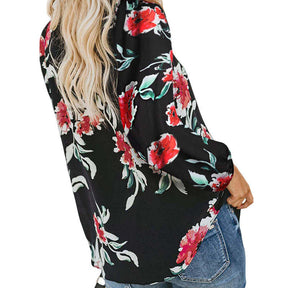 Womens V-neck Casual Boho Floral Print Long Sleeve Shirts-Black