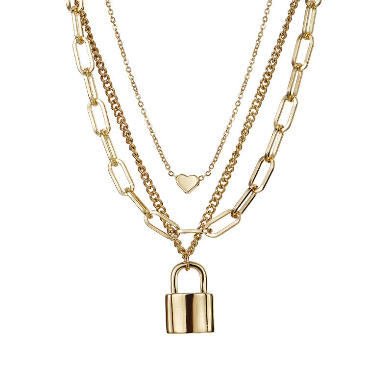 Gold Heart Lock Pendant Multilayer Necklace for Women