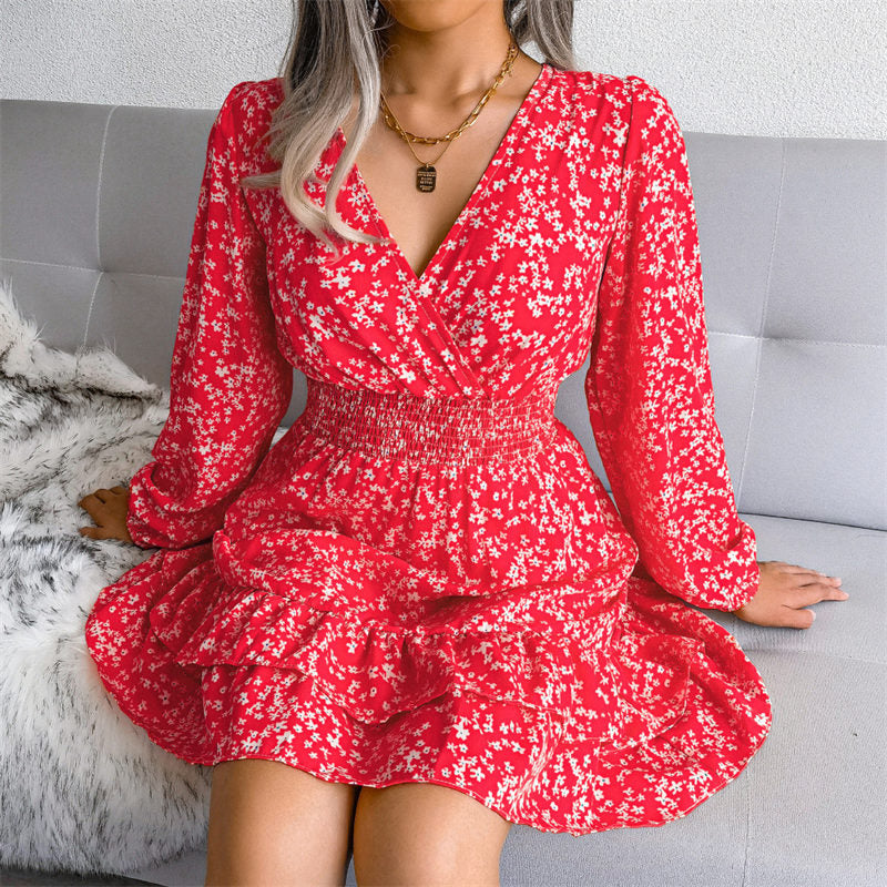 Womens Floral Long Sleeve V Neck Elastic High Waist Chiffon Dress-Red