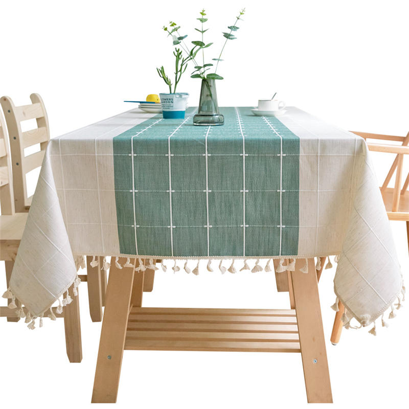 Embroidery Tassel Tablecloth Cotton Linen Dust-Proof Table Cover for Party Home Tabletop Decoration-Green