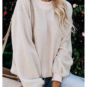 Womens Plush Sweater Casual Round Neck Sweatshirt Pullover-OffWhite