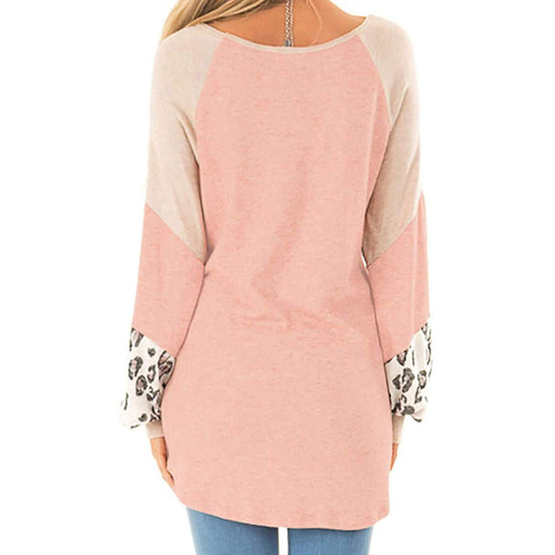 Womens Color-Blocking Pullover Raglan Long Sleeve Loose Shirt-Pink