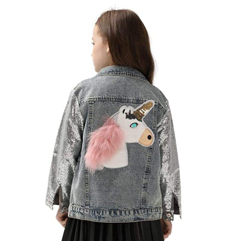 Kids Unicorn Jean Jacket Toddler Girls Denim Coat with Sparkly Sleeve-Blue