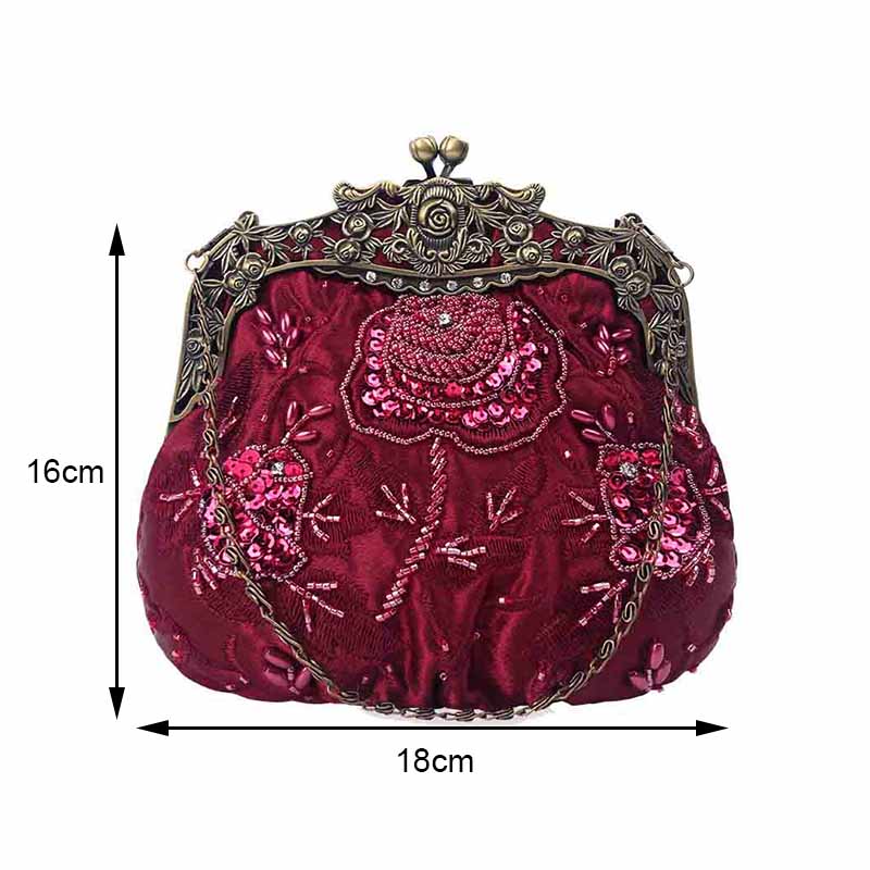 Womens Beaded Party Clutch Vintage Rose Purse-Wine Red