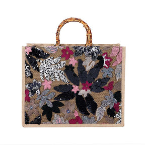 Handbag Bamboo Tote Sequin Straw Woven Bag for Womens-Black