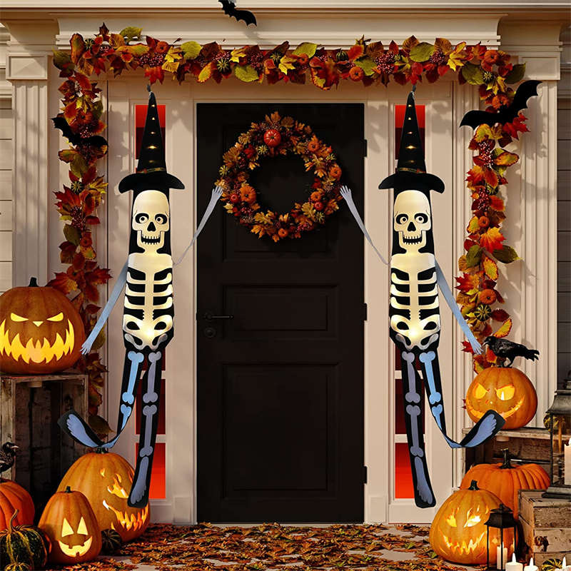 2 Pack Large Hanging Lighted Glowing Skeleton Flag for Indoor Outdoor Yard Decor-White Light