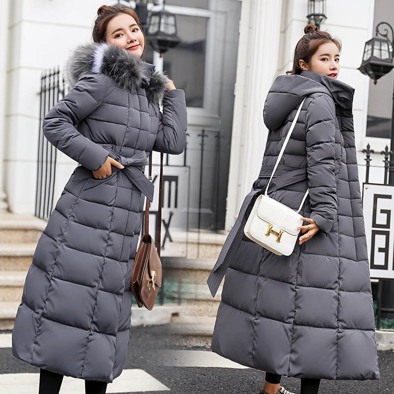 Women Warm Down Jacket with Hood Fur Long Puffer Coat-Grey