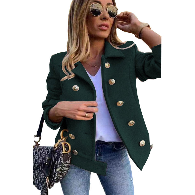 Womens Peacoat Double Breasted Lapel Casual Cropped Jackets Winter-Dark Green