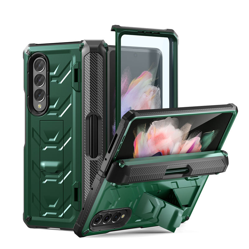 7.6inch Armorer Phone Case Built-in Screen Protector with Kickstand Pen Slot for Galaxy Z Flip 3-ArmyGreen