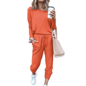 Women Loose Solid Color Long Sleeve Top Casual Drawstring Pants with Pockets-Orange