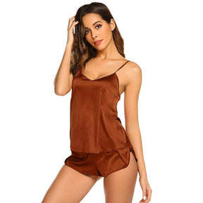 Women Sexy Satin V Neck Camisole Shorts Pajamas Set-Coffee