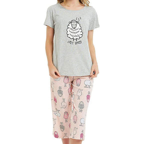 Womens Short Sleeve Casual Prints Pajama Cropped Trousers Set-Pink Lamb