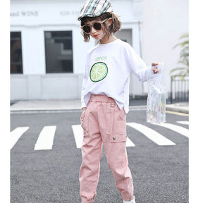 Girls Joggers Long Pants Pockets Outdoor Casual Trousers Iron Ring-Pink