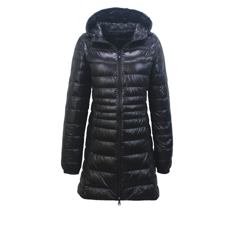Womens Lightweight Puffer Jacket Hooded Winter Mid Length Coat-Black