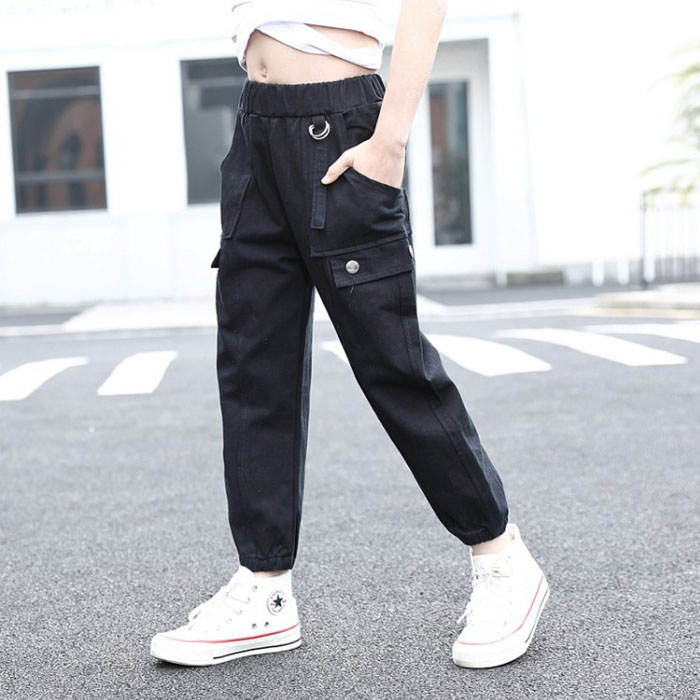 Girls Joggers Long Pants Pockets Outdoor Casual Trousers Iron Ring-Black