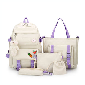 5Pcs Kawaii Backpack Set with Pendants Pins for School Teens-Beige