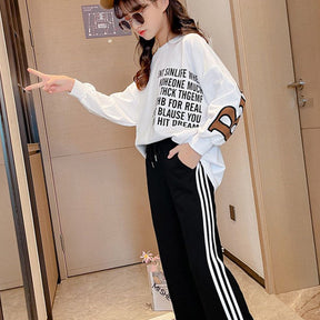 Girls Joggers Long Pants Pockets Outdoor Casual Trousers with Drawstring White Strips-Black