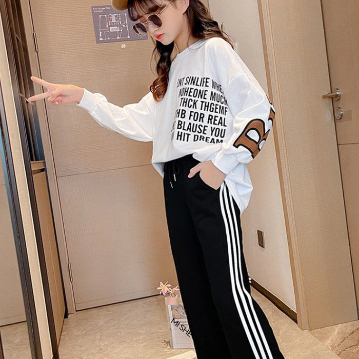 Girls Joggers Long Pants Pockets Outdoor Casual Trousers with Drawstring White Strips-Black