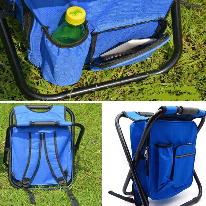 Backpack Cooler Chair Folding Camping Stool for Travel Fishing-Blue