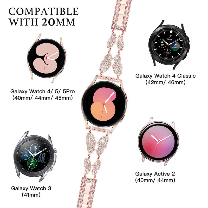 20mm Metal Watchband Butterfly Bling Diamond for Galaxy Watch 3/4/5-Rose Gold
