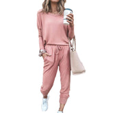 Women Loose Solid Color Long Sleeve Top Casual Drawstring Pants with Pockets-Pink