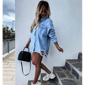 Women Ripped Denim Jacket Boyfriend Mid Long Trucker Coat-LightBlue