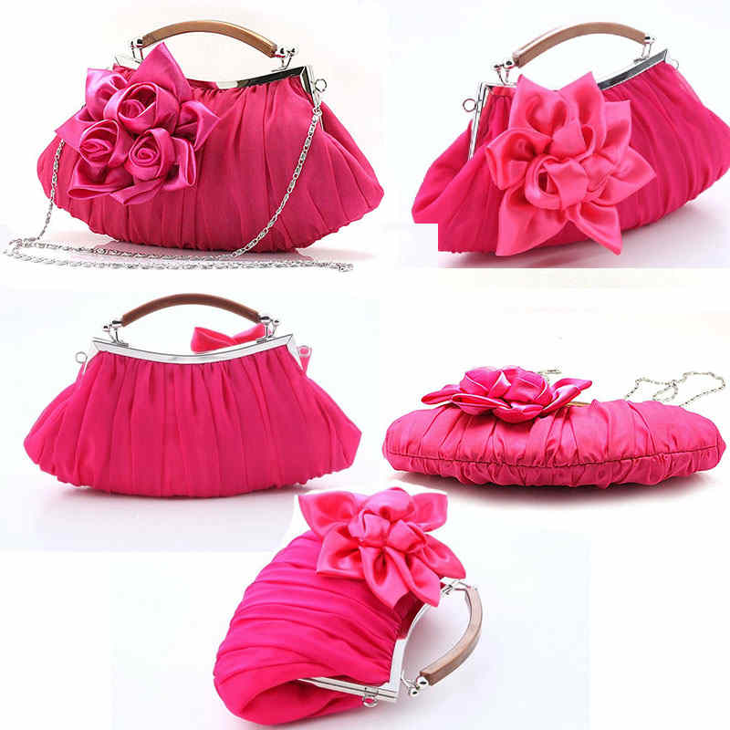 Womens Silk Flowers Evening Bags Clutch-RoseRed