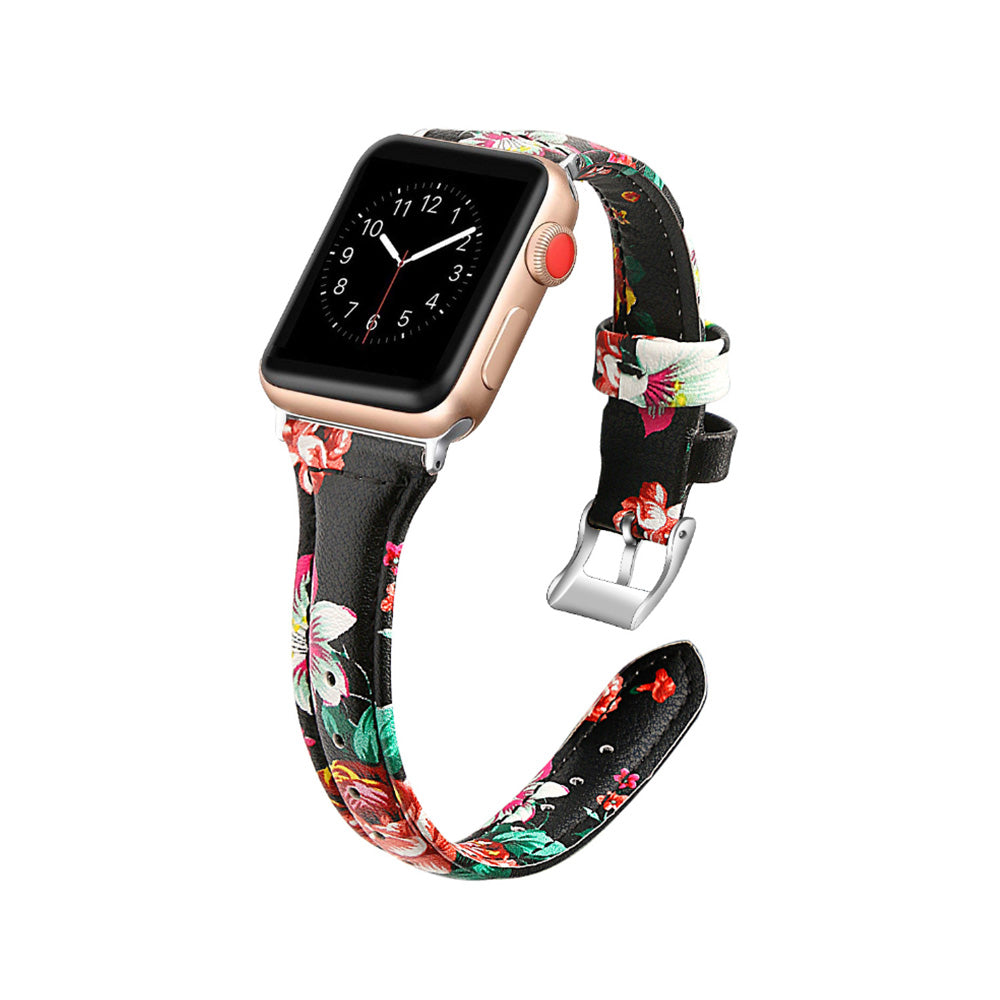 Slim Flower Printed Leather Watch Band For Apple Watch SE/6/5/4/3/2/1(Red Flower)