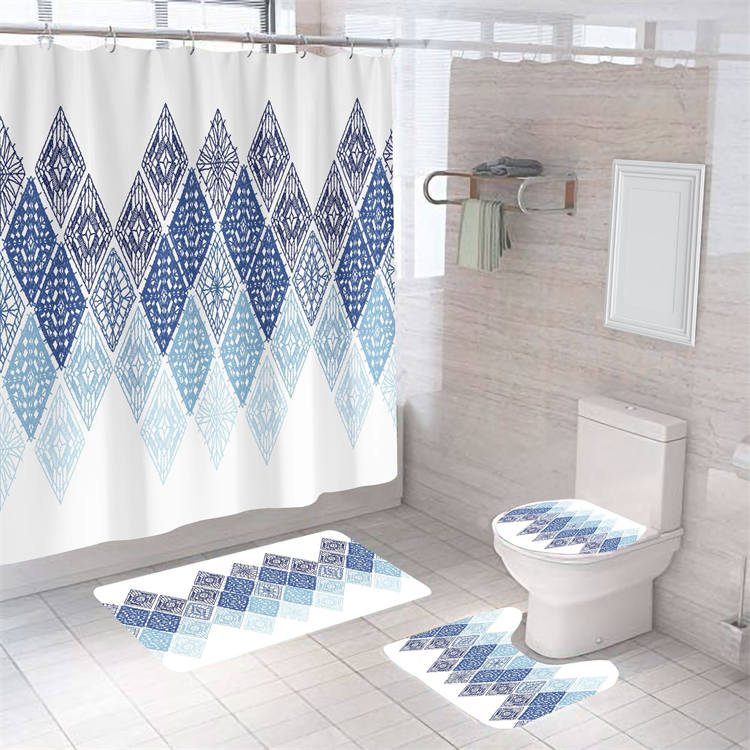 4 Pcs Shower Curtain Set Bath Mat U Shape and Toilet Lid Cover Mat with 12 Hooks-A1