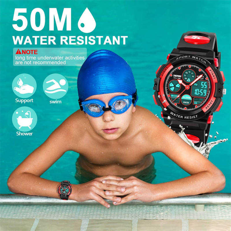 LED Multi Function Sports Waterproof Watch for Kids-Red