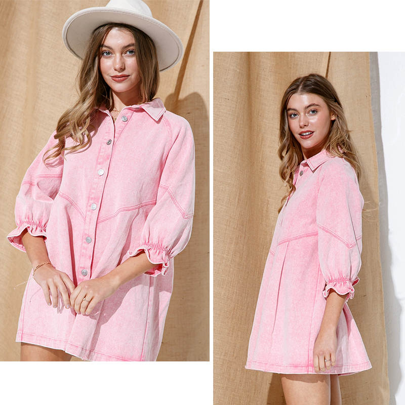 Denim Shirt Dress for Fall Lantern Sleeve Vintage Loose Babydoll-Pink