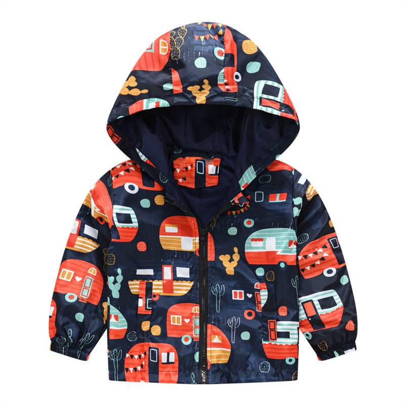 Toddler Boys Girls Cartoon Print Zip Jacket Hooded Trench Kids Casual Coats-18