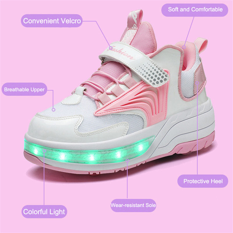 Ultralight Sneaker Roller Skate Shoes with Quad Roller for Children-Pink