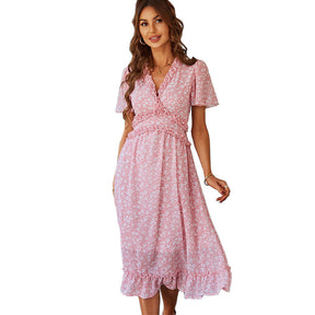 Womens V Neck Floral Dress Summer Beach Vacation Chiffon Dress-Pink